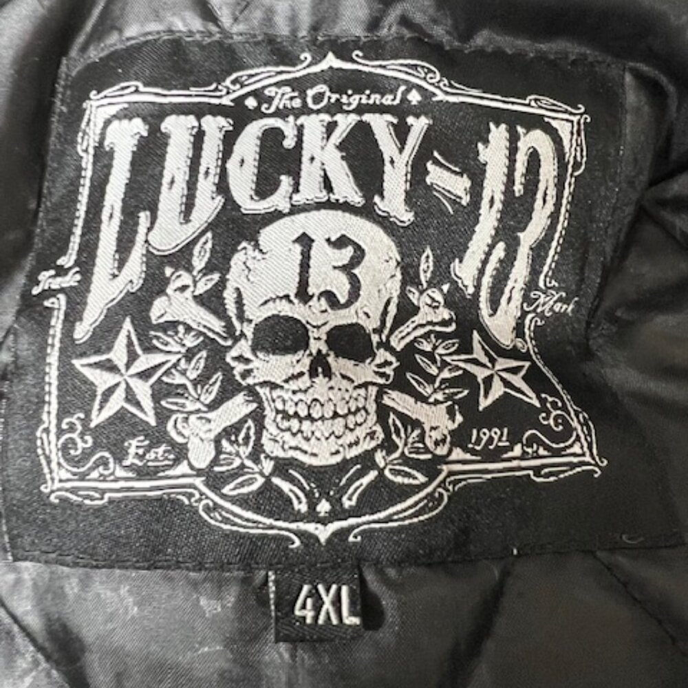 Trucker/Biker Jacket Lucky 13 Black Logo Embroidered Quilted Lined Puffer 4XL(62 - Picture 13 of 14